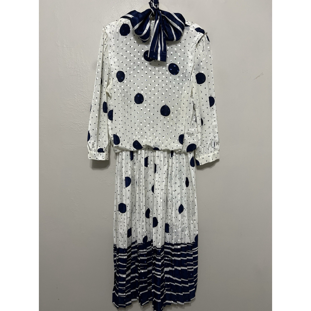 White & Navy Polka Dot Midi Dress with Bow Tie